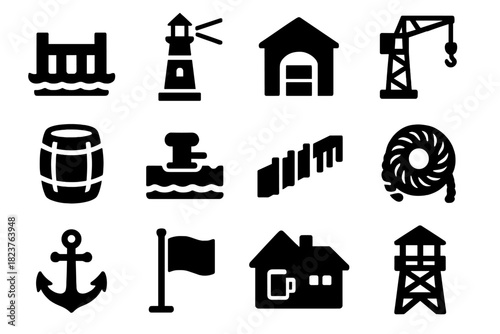 Historical Port Icons. Solid style icons of historical ports: dock, lighthouse, warehouse, crane, cargo barrel, ship mooring, quay