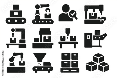 Assembly Line Icons. Solid style icons of assembly line operations: product on belt, robotic arm, quality check, labeling machine,