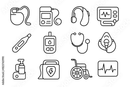 Medical Device Icons. Line style icons of Medical Devices: Pacemaker, Insulin Pump, Hearing Aid, Blood Pressure Monitor;