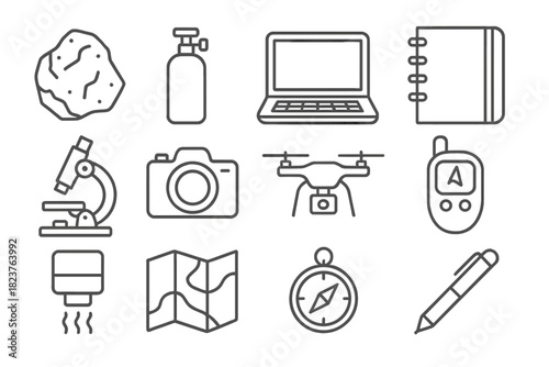 Volcanic Research Icons. Line style icons of Volcanic Research: Rock Sample, Gas Bottle, Laptop, Notebook; Microscope, Camera,