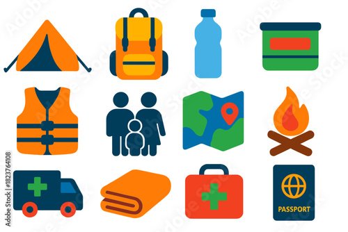 Refugee Crisis Icons. Flat vector icons of Refugee Crises: Tent, Backpack, Water Bottle, Food Ration, Life Jacket, Family Icon,