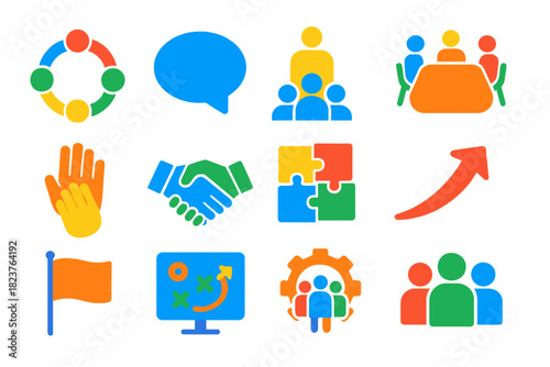 Team Dynamics Icons. Flat vector icons of Team Dynamics: Circle, Conversation Bubble, Leader Icon, Meeting Table, High Five,