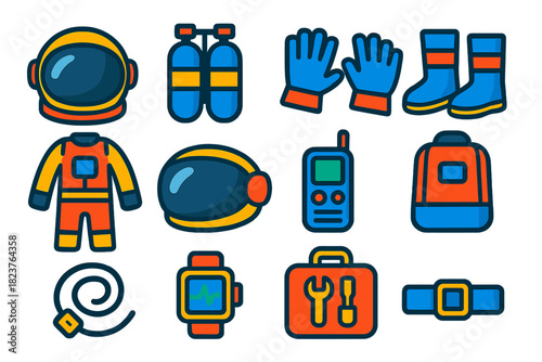 Astronaut Gear Icons. Flat vector icons of Astronaut Gear: Helmet, Oxygen Tank, Gloves, Space Boots, Suit, Visor, Communication