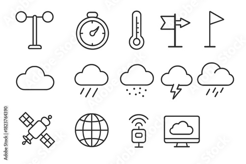 Weather Icons Collection. Line style icons of Weather Monitoring: Anemometer, Barometer, Thermometer, Wind Vane; Cloud, Rain, Dust