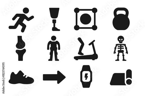 Motion and Prosthetics Icons. Solid style icons of Motion and Prosthetics: running human, prosthetic leg, motion capture sensor,