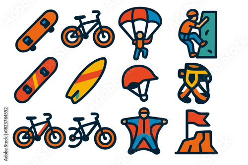 Extreme Sports Icons. Flat vector icons of extreme sports: skateboard, BMX bike, parachute, rock climbing, snowboard, surfboard,