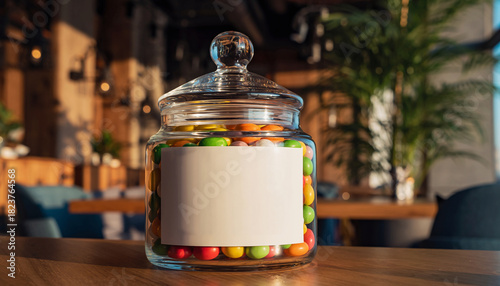 Wallpaper Mural Candy jar mockup with empty label colorful candy glass container cozy cafe background warm natural light inviting atmosphere soft focus cheerful mood Torontodigital.ca