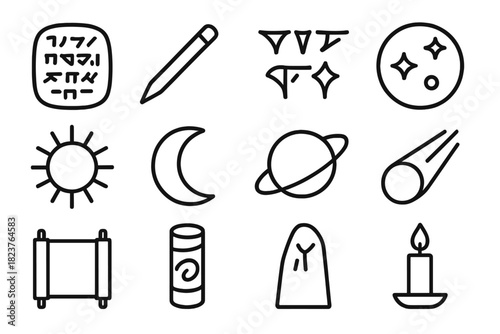 Babylonian Icon Collection. Line style icons of Babylonian Records: Clay Tablet, Stylus, Cuneiform, Star Map; Sun, Moon, Planet,