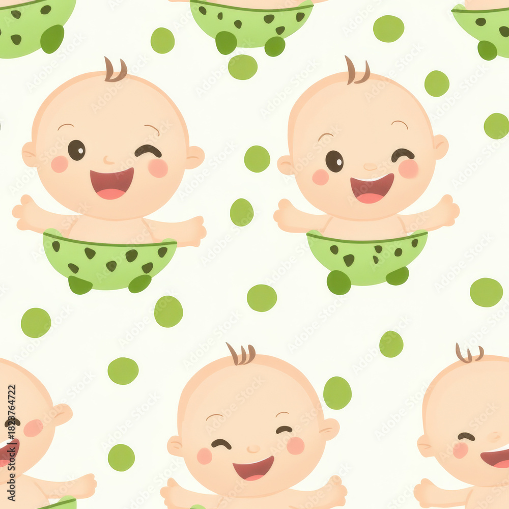 Fototapeta premium Seamless pattern of a happy baby wearing a green diaper, winking and smiling on white background with green dots