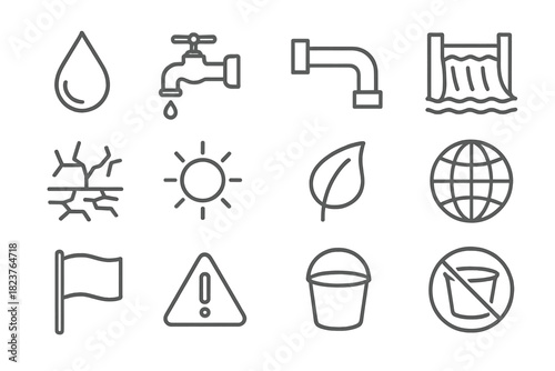 Global Water Icons. Line style icons of Global Water Issues: Water Drop, Faucet, Pipe, Reservoir; Drought, Cracked Ground, Sun,