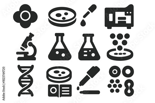 Stem Cell Icons. Solid style icons of stem cell research: stem cell cluster, petri dish, microscope, pipette, culture flask,