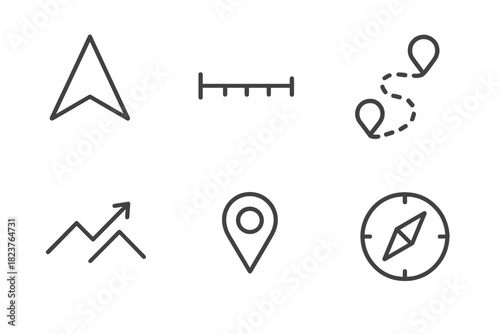Navigation Icons Set. Line style icons of Navigation and Orientation: north arrow, distance scale, marked trail, elevation symbol,