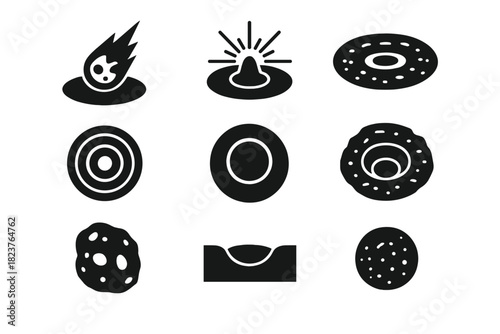 Impact Crater Icons. Solid style icons of planetary impact craters: meteor strike, ejecta rays, central peak, multi-ring basin,