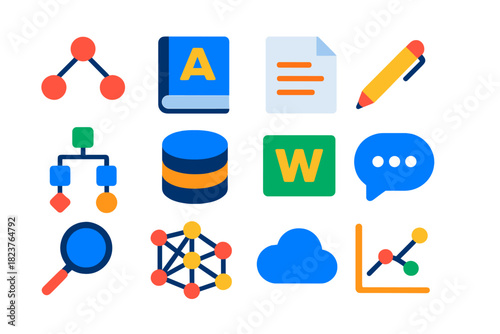 Minimalist Language Icons. Flat vector icons of Computational Language Concepts: Syntax Tree, Grammar Book, Document, Pen,