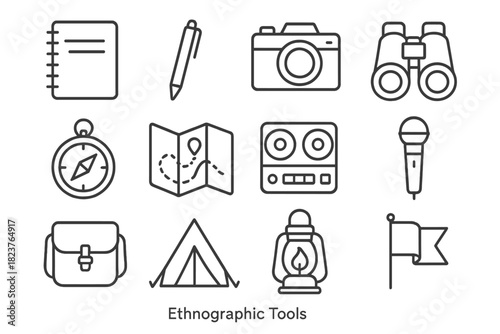 Ethnographic Tools Icons. Line style icons of Ethnographic Tools: Notebook, Pen, Camera, Binoculars; Compass, Map, Tape Recorder,