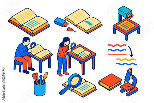 Ancient Manuscript Exploration. Isometric vector illustration set Palimpsest studies: ancient manuscripts, erased text layers,