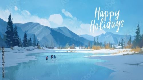 Winter Landscape with Ice Skaters and Holiday Greeting