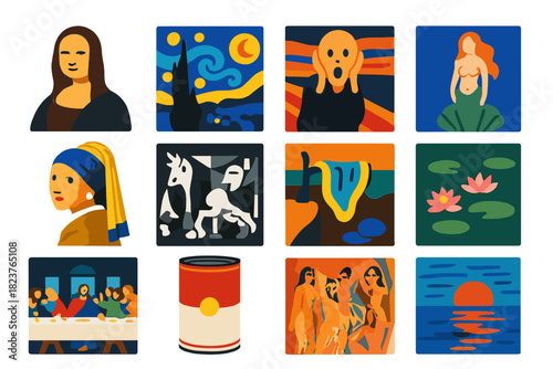 Famous Art Icons. Flat vector icons of Famous Artworks: Mona Lisa, Starry Night, The Scream, Birth of Venus, Girl with a Pearl