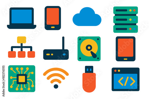 Vivid Tech Icons. Flat vector icons of digital technology: laptop, smartphone, cloud, server, data network, router, hard drive,