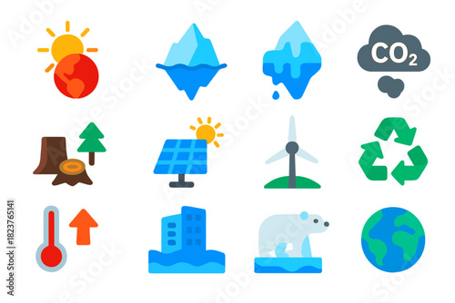 Climate Icons Collection. Flat vector icons of Climate Change Concepts: Global Warming, Iceberg, Melting Glacier, Carbon Emission,