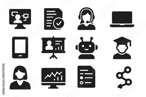 Intelligent Education Icons. Solid style icons of Intelligent Education Systems: adaptive learning platform, auto grading, virtual