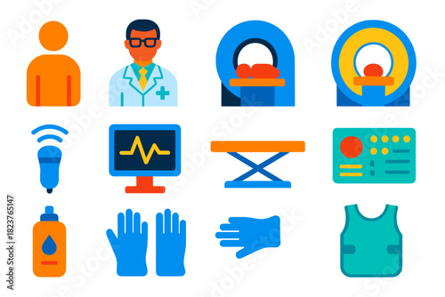 Imaging Procedure Icons. Flat vector icons of Imaging Procedures: Patient, Doctor, Scanner, MRI Tube, CT Scanner, Ultrasound Probe
