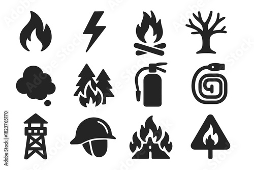 Wildfire Icons Collection. Solid style icons of Wildfires: fire flame, lightning strike, campfire, dry tree, smoke, forest, fire