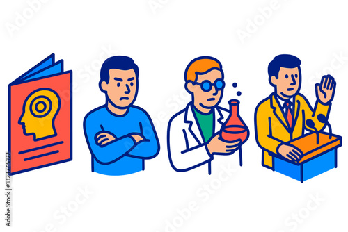 Animal Magnetism Debate. Isometric vector illustration set Animal Magnetism Critics: Satirical pamphlet icon, crossed-arm observer