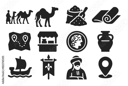Silk Road Icons. Solid style icons of the Silk Road: caravan, camel, spice sack, silk roll, map, market stall, ancient coin,