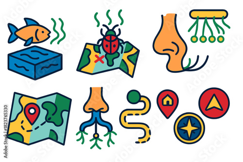 Olfactory Navigation Icons. Isometric vector illustration set Olfactory maps: fish scent navigation, insect odor tracking,