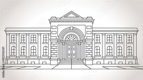 Detailed line art illustration of a classical building facade architectural design with columns and arches vector graphic for historical or educational use