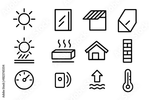 Passive Solar Icons. Line style icons of Passive Solar: Sunlight, Window, Shading, Glass; Solar Gain, Thermal Mass, Roof, Wall;