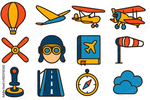 Early Flight Icons. Flat vector icons of early flight inventions: hot air balloon, glider, biplane, propeller, pilot helmet,