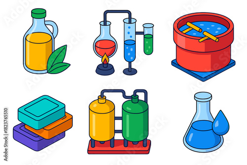 Oleochemical Processes Icons. Isometric vector illustration set Oleochemistry: vegetable oils, chemical reaction setups,