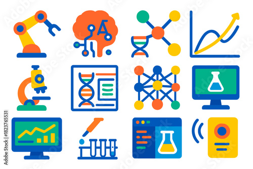 AI Life Sciences Icons. Flat vector icons of artificial intelligence in life sciences: robot arm, AI brain, data nodes, predictive