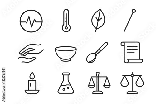 Diagnosis Therapy Icons. Line style icons of Diagnosis & Therapy: Pulse, Thermometer, Herb, Leaf; Acupuncture Needle, Massage Hand