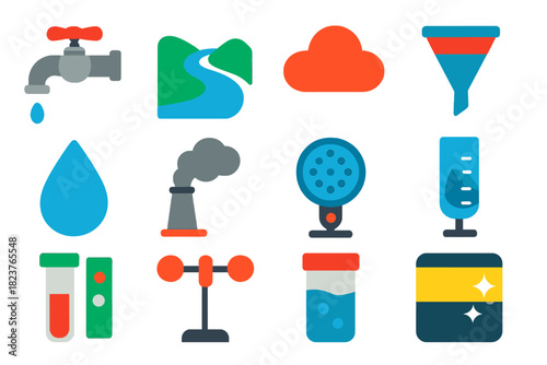 Water & Air Icons. Flat vector icons of Water & Air Quality: Water Tap, River, Cloud, Filter, Droplet, Smoke Stack, Air Sensor,
