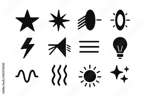 Glowing Light Icons. Solid style icons of light and emission phenomena: glowing star, spark, light ray, aura, flash, prism