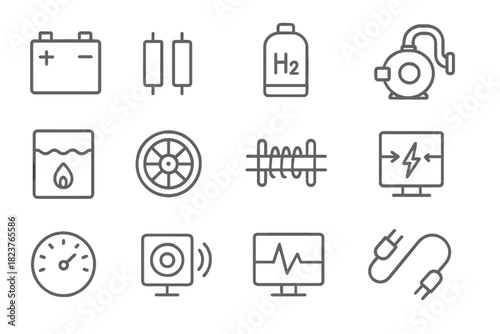 Energy Storage Icons. Line style icons of Energy Storage: Battery, Capacitor, Hydrogen Tank, Pump; Thermal Storage, Flywheel,
