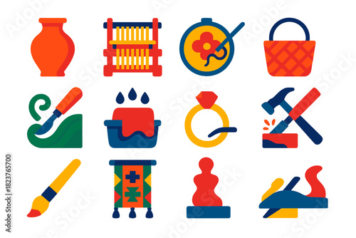 Traditional Crafts Icons. Flat vector icons of Traditional Crafts: Pottery, Weaving Loom, Embroidery, Basket, Wood Carving,