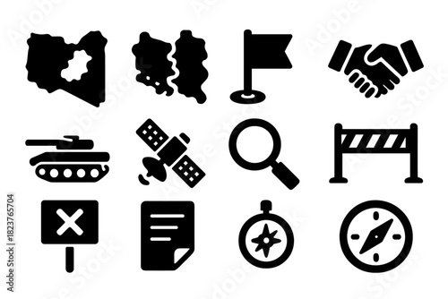 Territorial Dispute Icons. Solid style icons of territorial disputes: map with borders, disputed region, flag marker, handshake,
