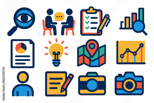 Ethnographic Research Icons. Flat vector icons of Ethnographic Research Concepts: Observation, Interview, Survey, Analysis, Report