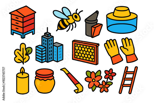 Urban Beekeeping Icons. Isometric vector illustration set Urban Beekeeping: rooftop hive structure, flying bee, smoker pipe,