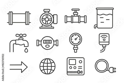 Water Distribution Icons. Line style icons of Water Distribution: Pipeline, Pump, Valve, Reservoir; Tap, Meter, Pressure Gauge,