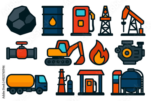 Fossil Fuel Icons. Flat vector icons of Fossil Fuels: Coal, Oil Barrel, Gas Pump, Drill, Pipeline, Excavator, Flame, Engine,