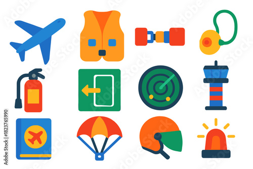 Aviation Safety Icons. Flat vector icons of Aviation Safety: Airplane, Life Vest, Seatbelt, Oxygen Mask, Fire Extinguisher,