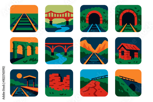 Forgotten Railway Icons. Flat vector icons of Forgotten Railway Landscapes: empty track, foggy bridge, overgrown tunnel, ruined