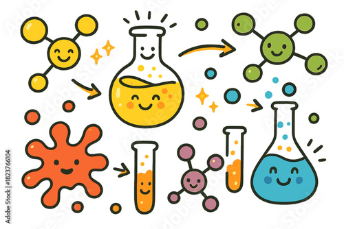 Joyful Chemistry Doodles. Joyful doodle color chemistry diagram with happy molecules, cartoon pigments reacting, cheerful flasks