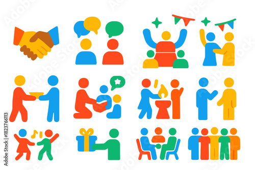 Social Interaction Icons. Flat vector icons of Social Interactions: Handshake, Conversation, Group Meeting, Festival, Sharing Food