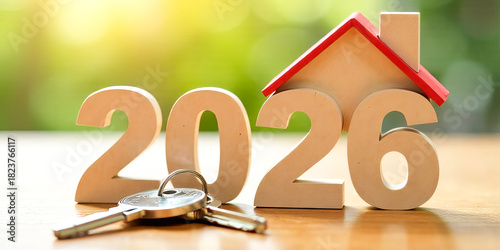 Keys to a new house and wooden numbers for the New Year 2026 with a home roof on a table. Concept of construction, real estate market and investments. Warm banner with copy space.